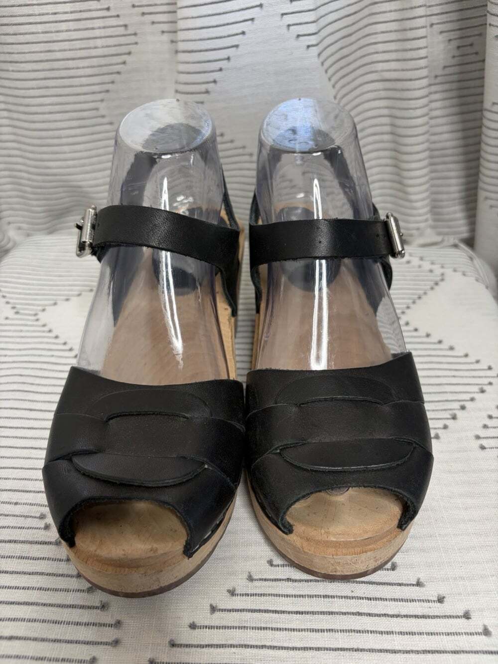 Stockholm Lotta Clog Sandal 38 US 7.5-8 Wooden Platform Black Open Toe Sweden